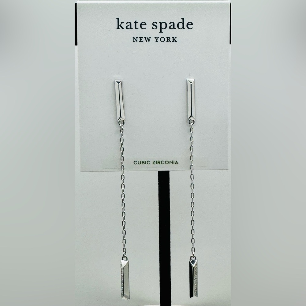 KATE SPADE Raise The Bar Pave’ Linear Drop Silver Tone Earrings NWT